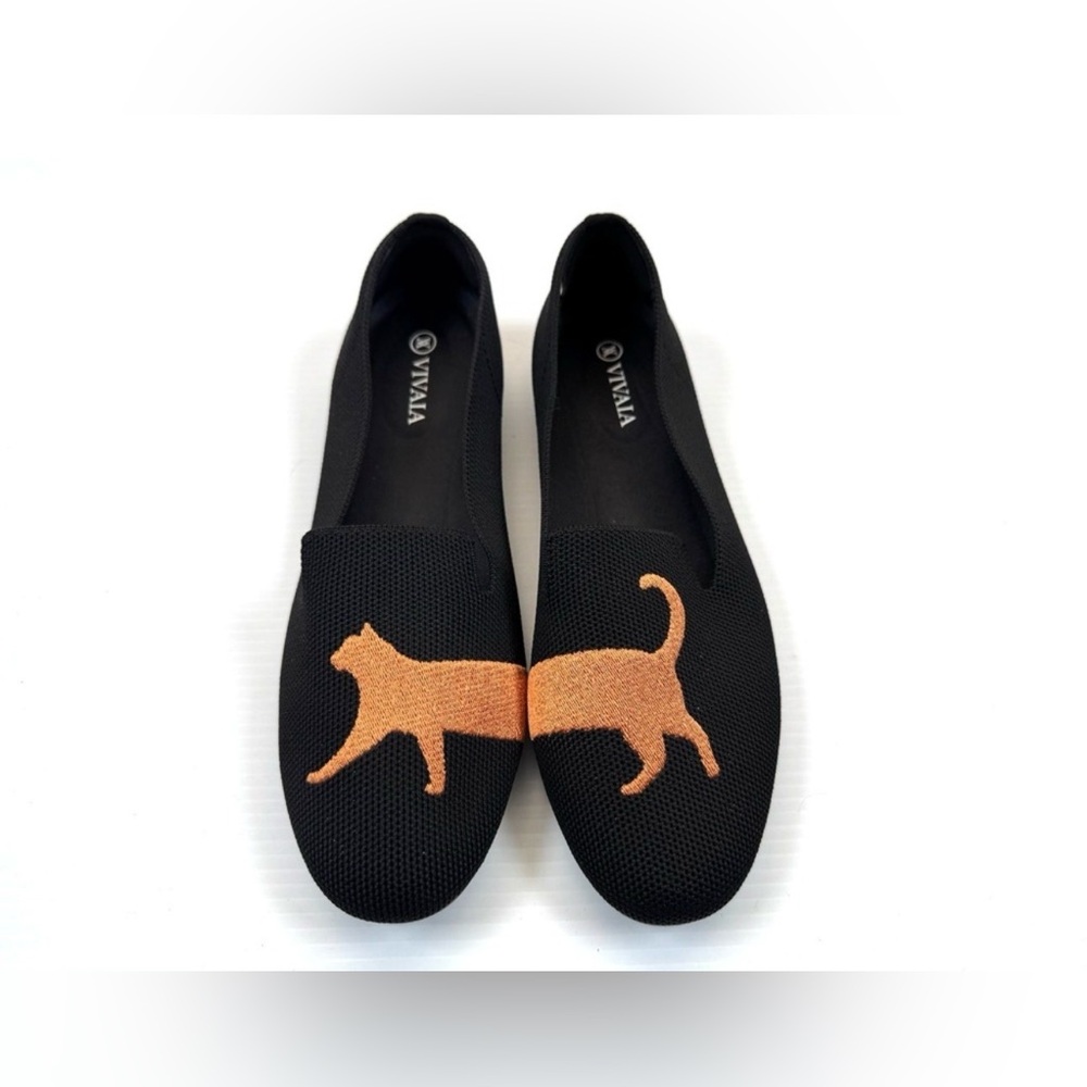 Vivaia Audrey Round-Toe Embroider Loafers Black Flats w Cat Design 41.5 (10 US) - Picture 5 of 11
